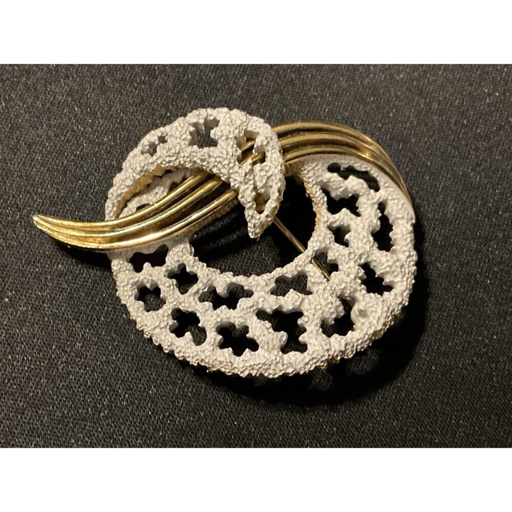 Crown Trifari White Enamel, Gold Tone Swirl Vintage Brooch